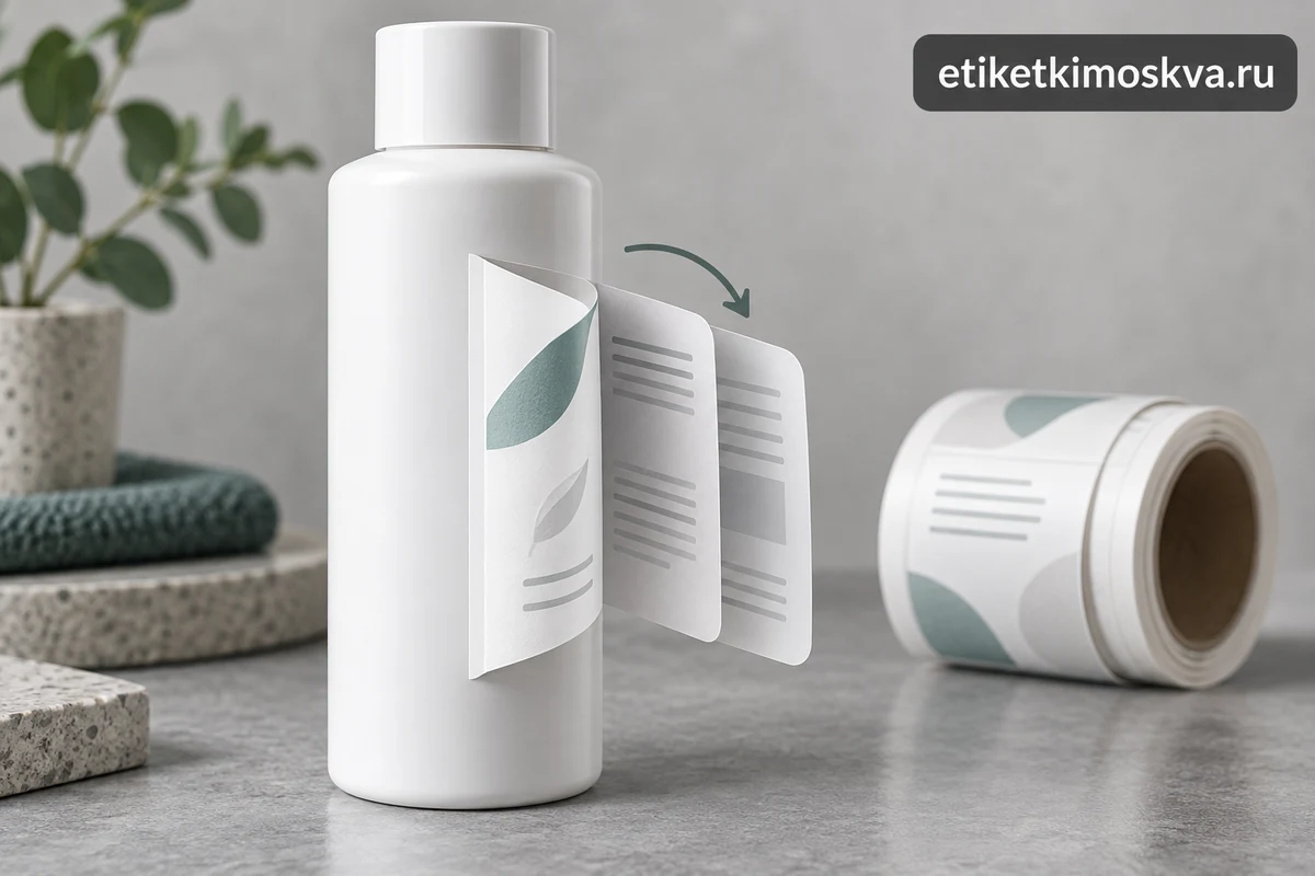 Многослойная peel-off этикетка с открытыми внутренними слоями на флаконе