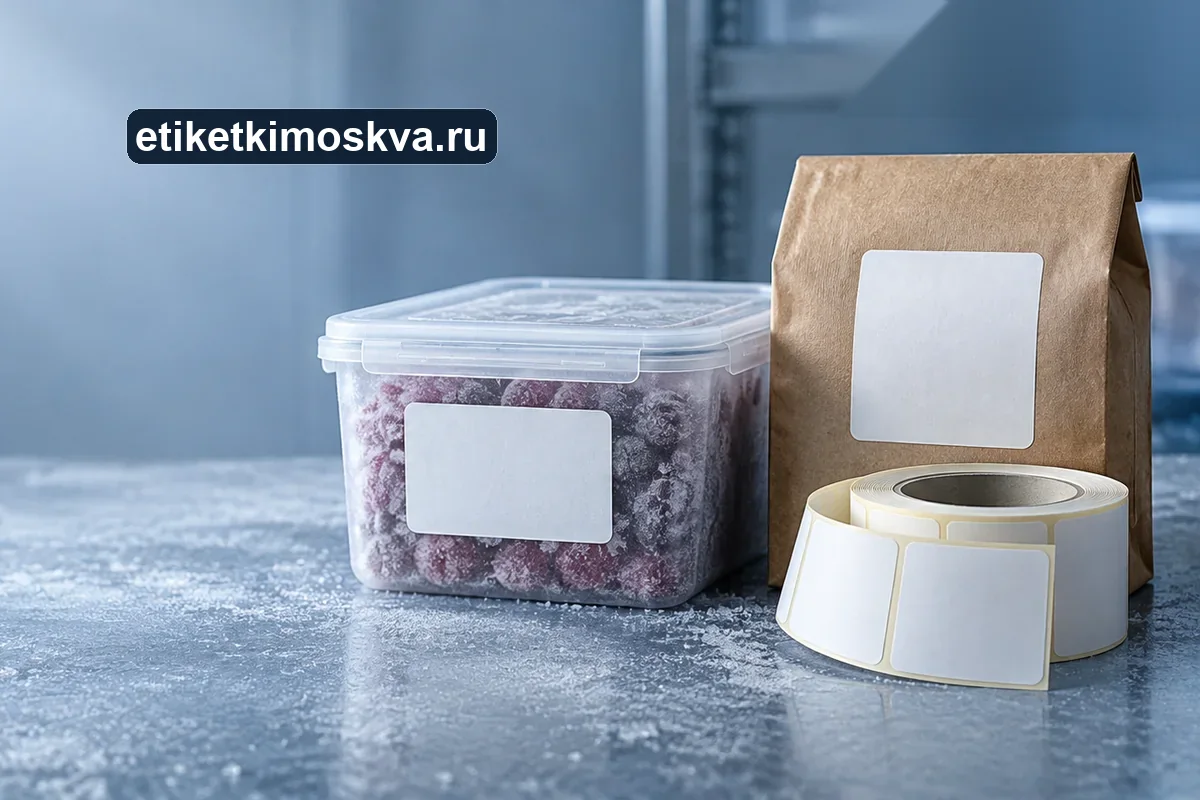 Нейтральный контейнер с инеем и упаковка с чистыми этикетками в прохладной среде