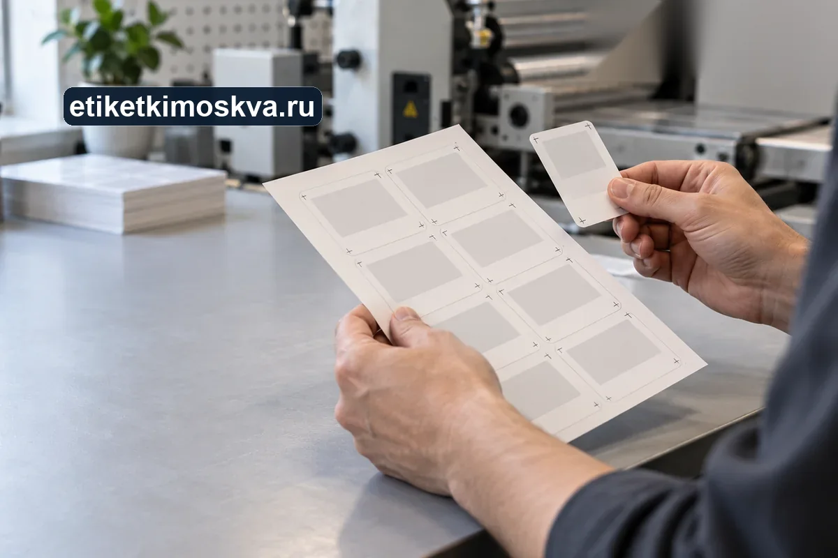 Оператор сравнивает чистый лист-пробу макета этикетки и образец с высечкой рядом с оборудованием для отделки