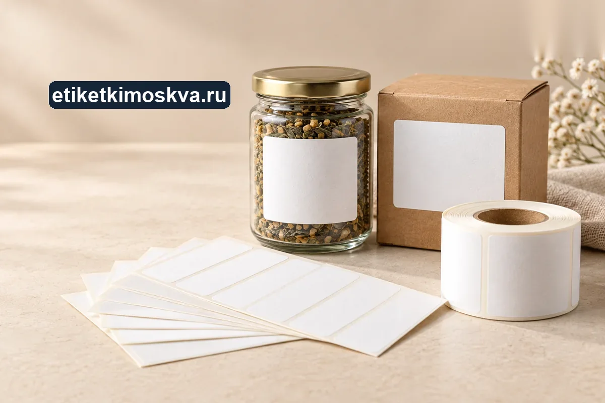 Чистые бумажные самоклеящиеся этикетки рядом со стеклянной банкой, крафтовой коробкой, листами бумаги и рулоном