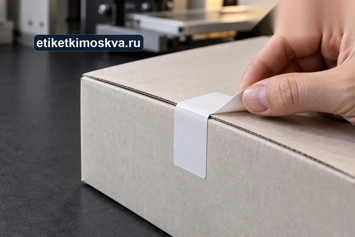 Белая контрольная этикетка на стыке картонной коробки с приподнятым краем