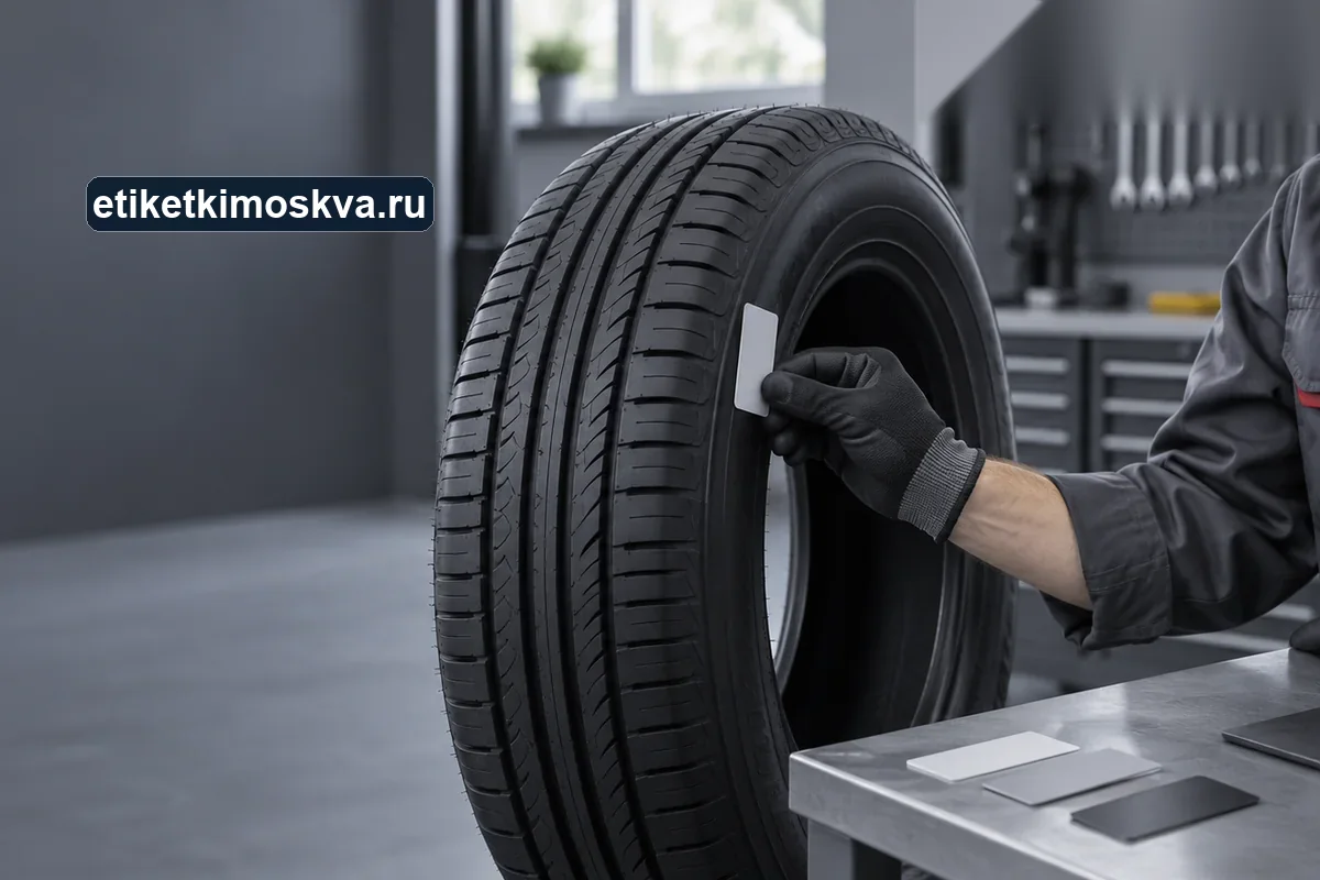 Рука в перчатке сопоставляет чистый образец этикетки с боковиной небрендированной шины