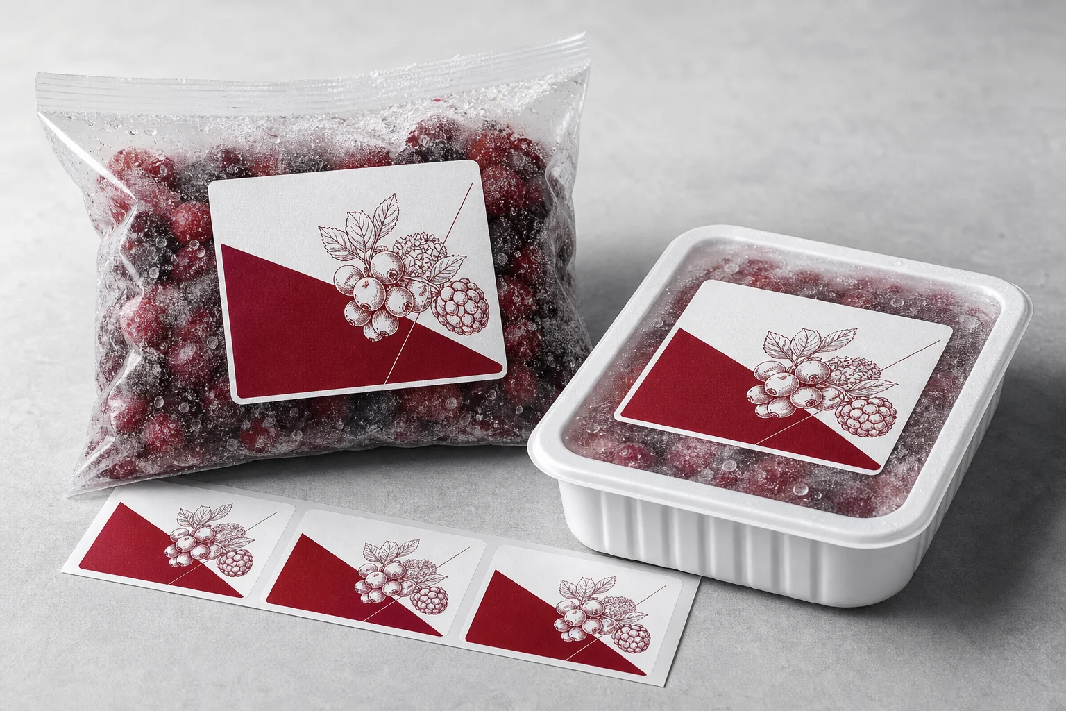 Этикетки для замороженных продуктов на пакете и лотке с ягодами, иней и конденсат на упаковке